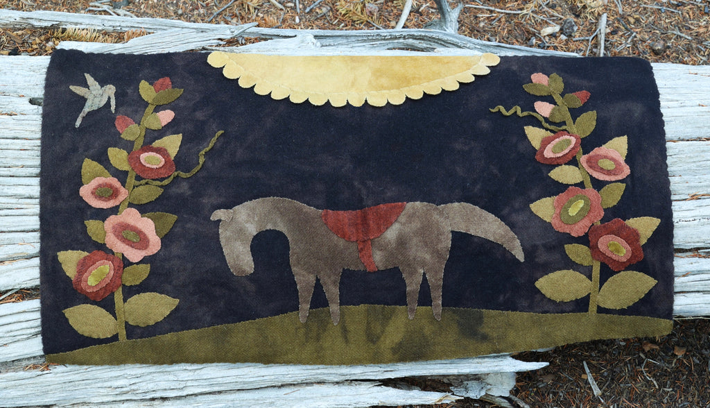 Downloadable Horse in the Hollyhocks Wool Applique' Pattern by Kay Cloud and Laura Hakes