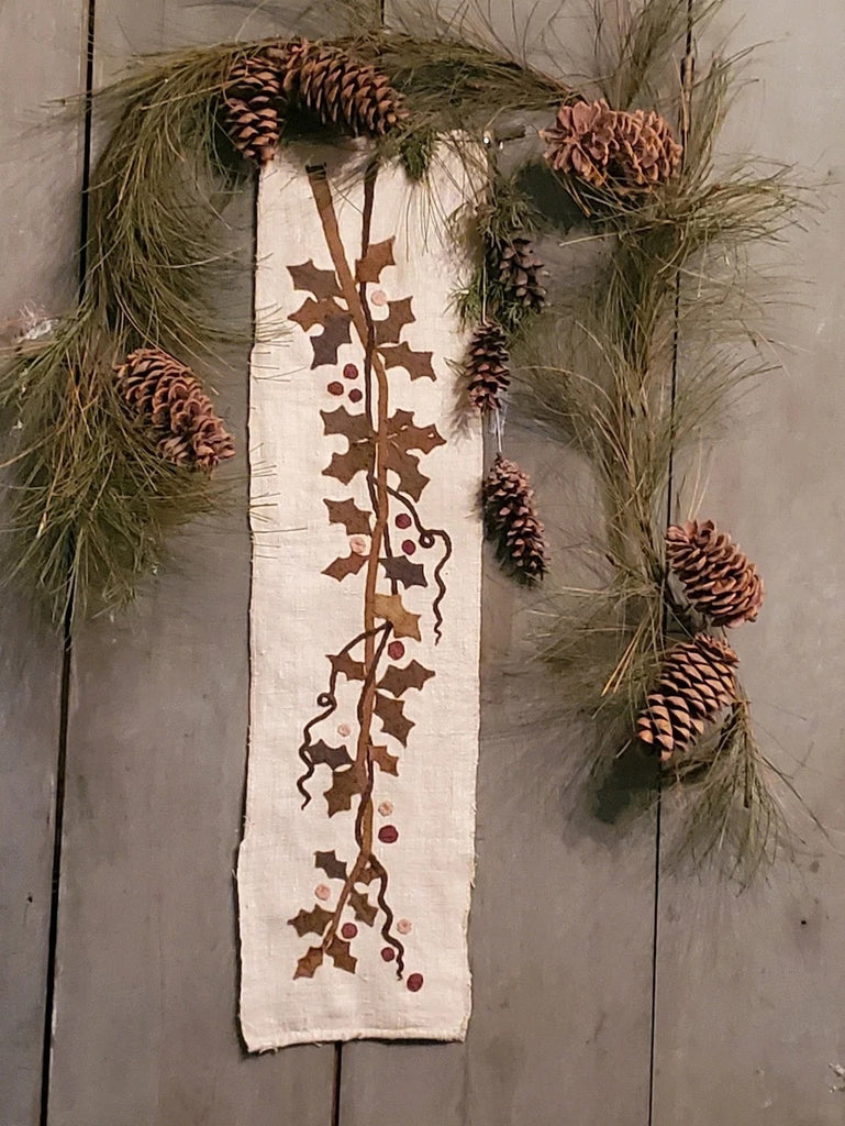 The Hanging of the Holly Wool Applique Pattern by Maggie Bonanomi - Kit and Handmade Option Available, using Blackberry Primitives Hand-dyed Wool