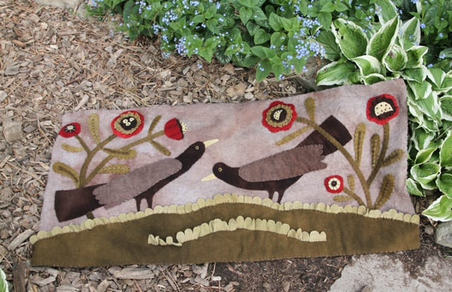 Two Birds in the Garden Wool Applique Pattern by Maggie Bonanomi - Kit and Handmade Options using Blackberry Primitives Hand-dyed Wool