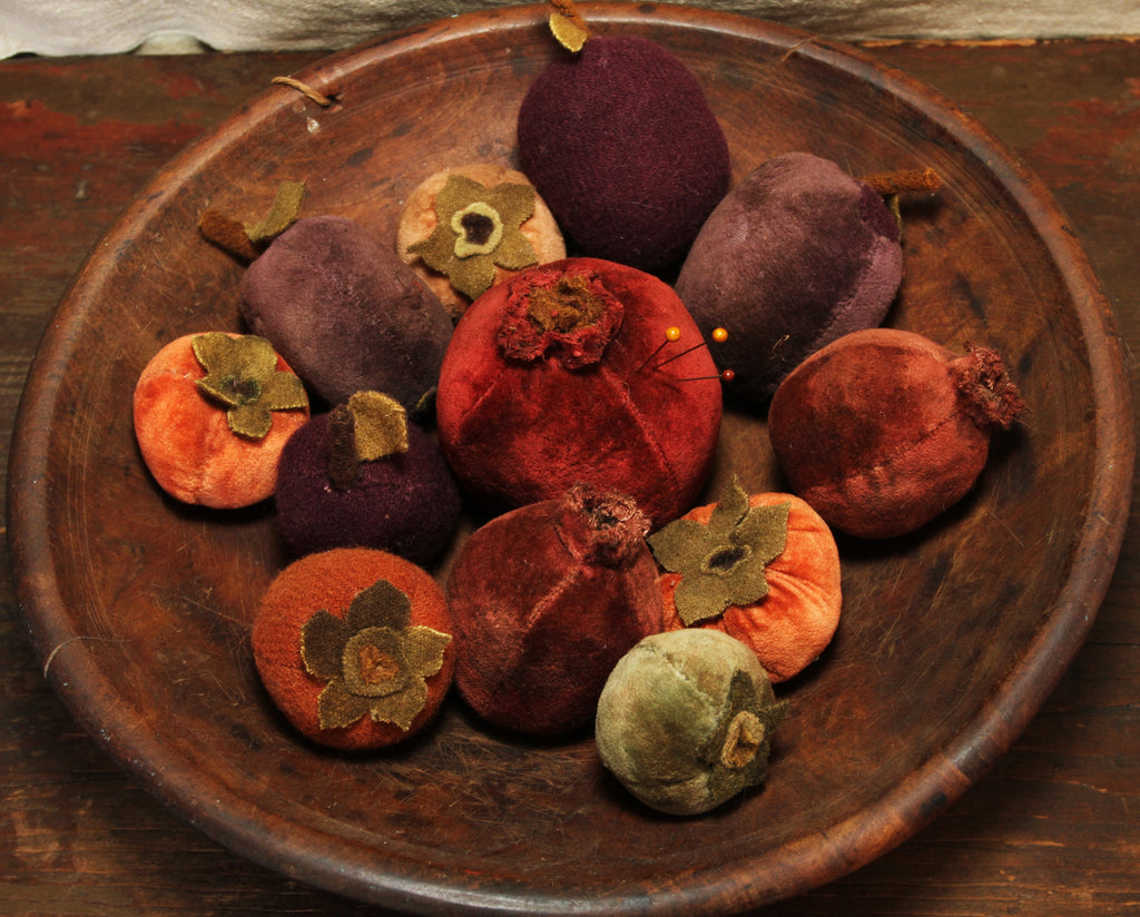 Pomegranates Persimmon Peaches and Plums Pincushion/Bowl Fillers Pattern design by Kay Cloud - Kit and Handmade Options Available using Blackberry Primitives Hand-dyed Fabrics