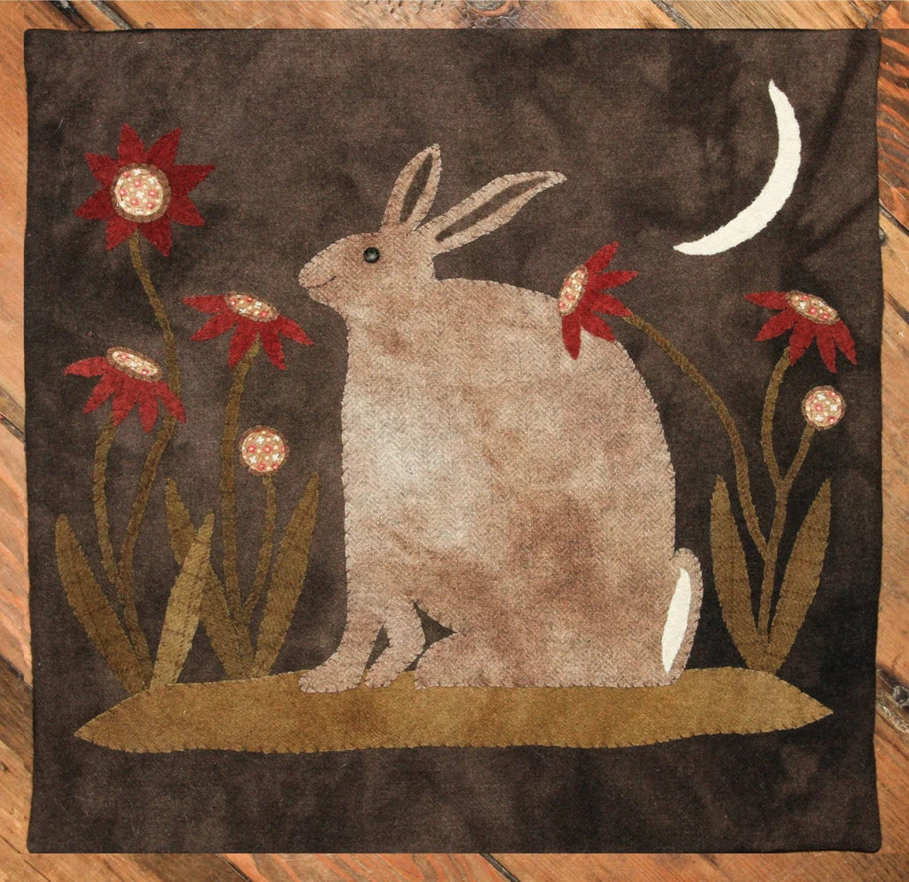Primitive Hare in the Wildflowers Pattern designed by Kay Cloud and Laura Hakes - Kit and Handmade Options Available using Blackberry Primitives Hand-dyed Wool