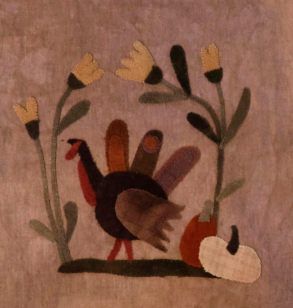 Turkey Lurkey Wool Applique PILLOW Pattern by Maggie Bonanomi - Kit and Handmade Options Available, using Blackberry Primitives Hand-dyed Wool