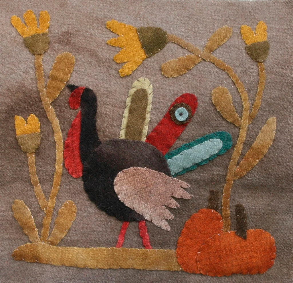 Turkey Lurkey Wool Applique PILLOW Pattern by Maggie Bonanomi - Kit and Handmade Options Available, using Blackberry Primitives Hand-dyed Wool
