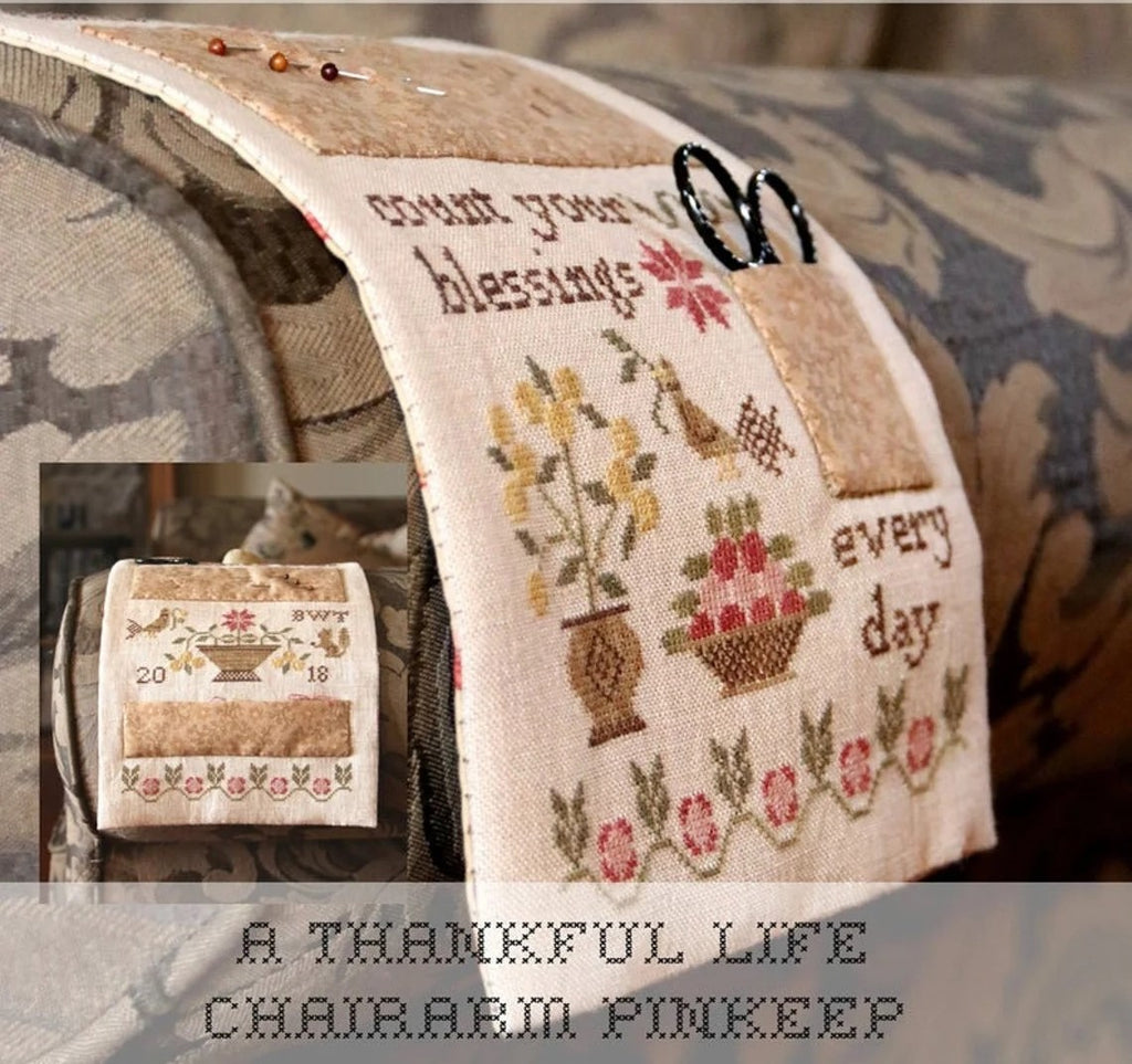 A Thankful Life Chair Arm Pinkeep by Heartstring Samplery