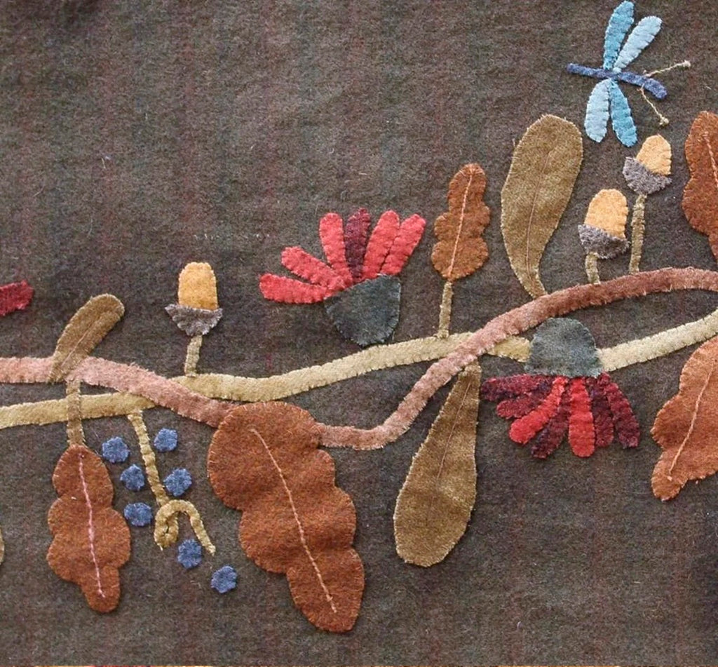Flowers Berries and Acorns Wool Applique Pattern by Maggie Bonanomi - Kit and Handmade Options Available, using Blackberry Primitives Hand-dyed Wool