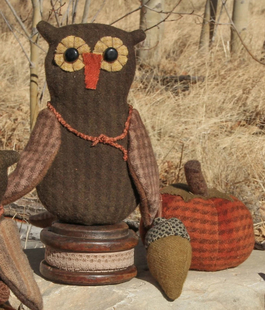 Hoot Owls Acorns and Pumpkins Pattern designed by Kay Cloud - Kit and Handmade Options Available using Blackberry Primitives Hand-dyed Fabric