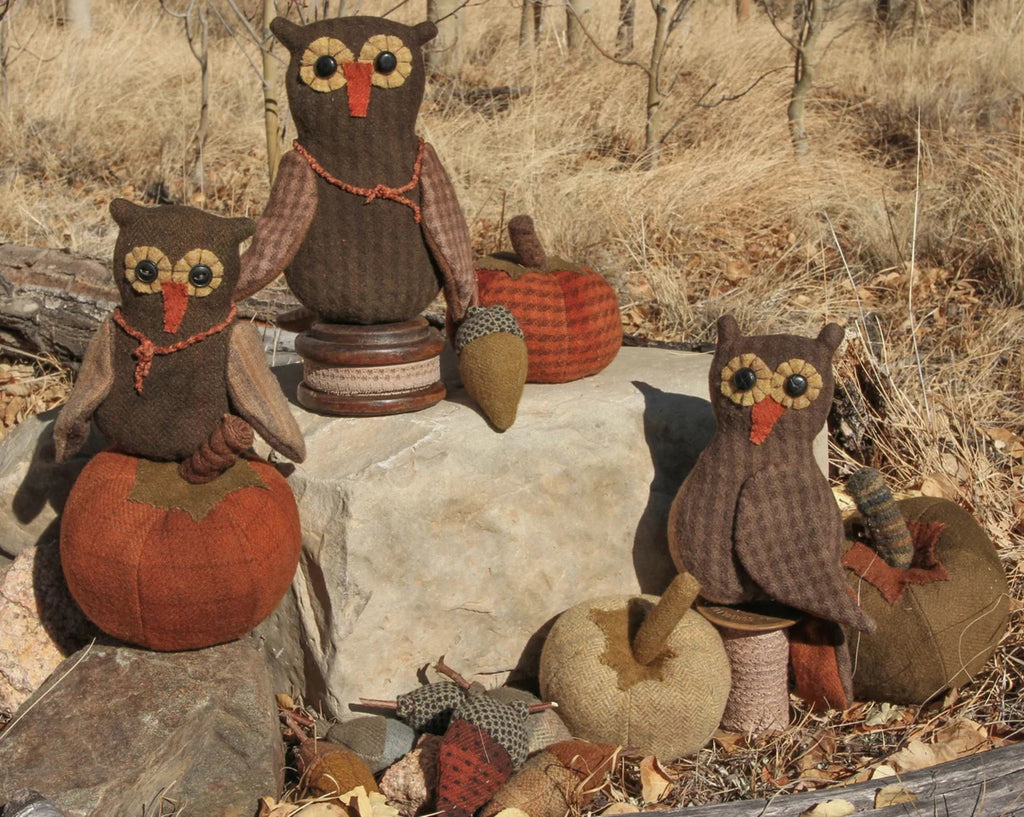 Hoot Owls Acorns and Pumpkins Pattern designed by Kay Cloud - Kit and Handmade Options Available using Blackberry Primitives Hand-dyed Fabric